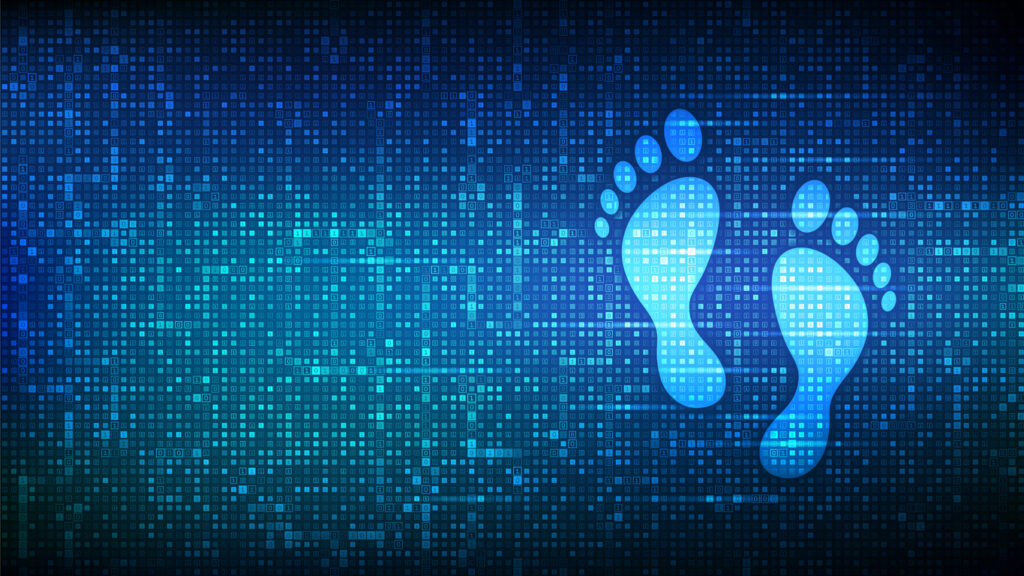 Dark blue digital footprint background made with binary code with two light blue footprints